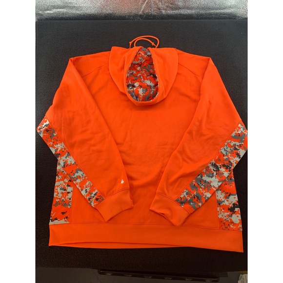 Bright Orange Digital Camo Sleeve Hoodie Men's Athletic Pullover Sweatshirt - Picture 2 of 10